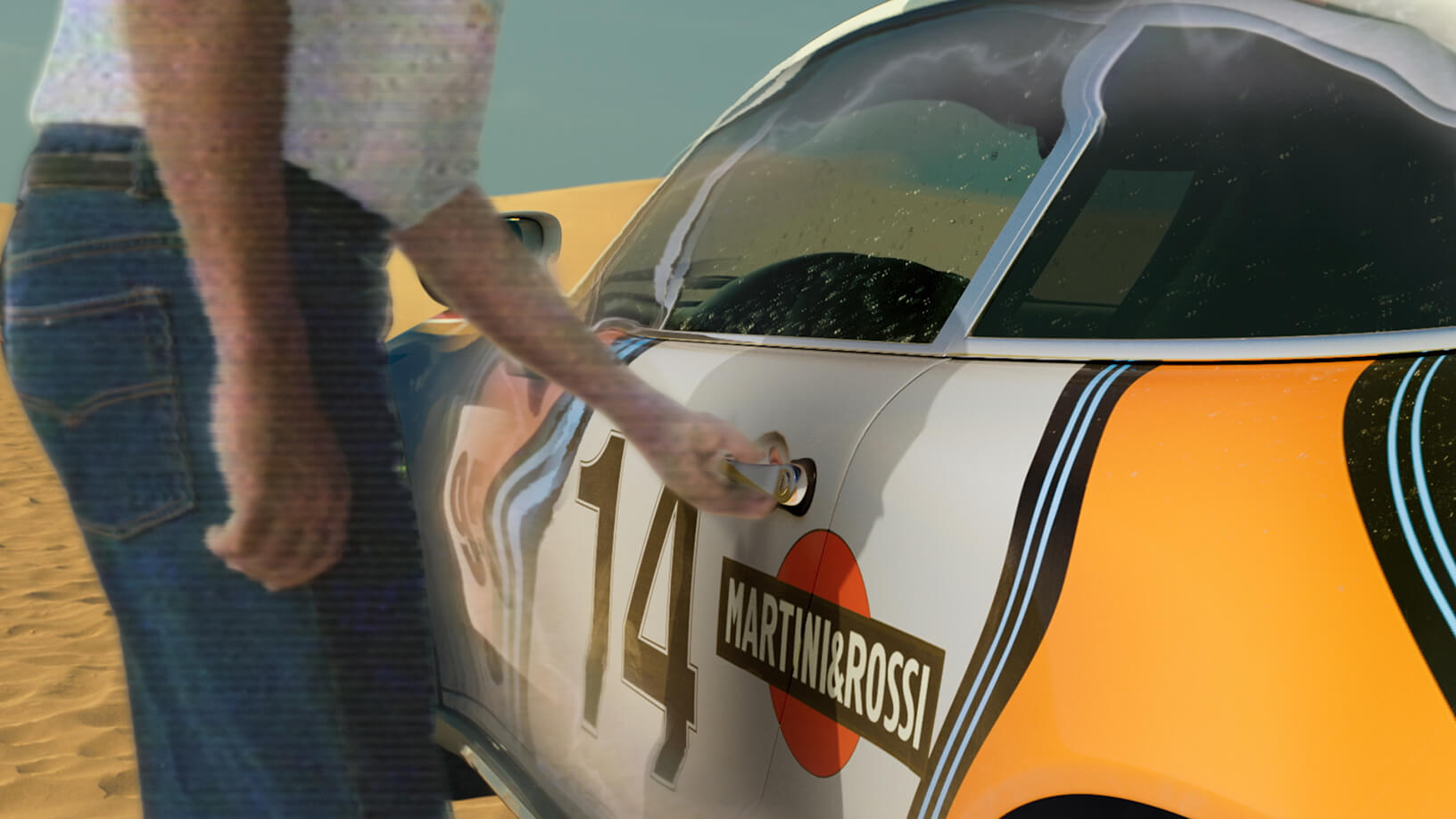 A driver opens the door of a classic Porsche rally car.