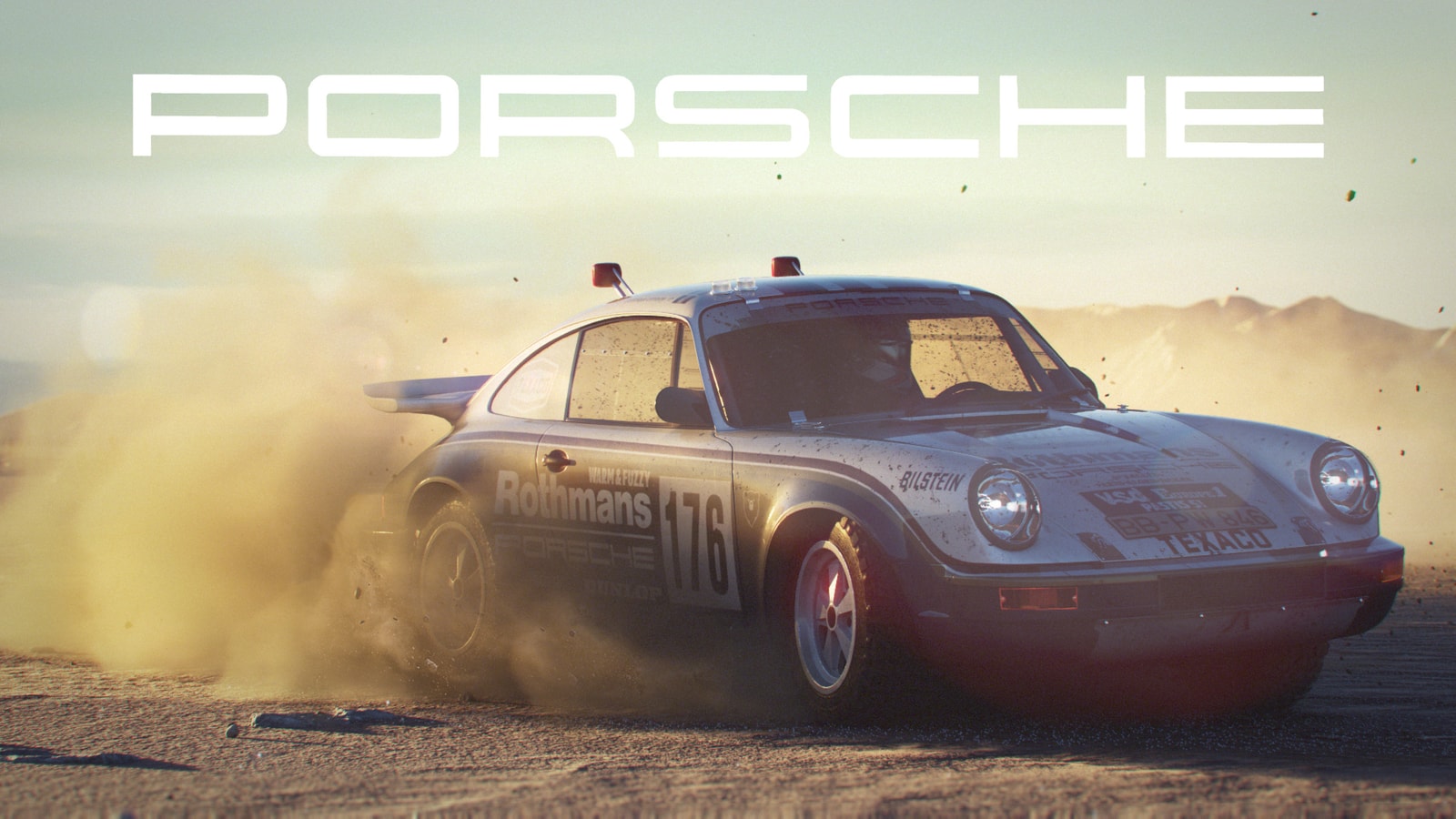 A Porsche rally car drifts through dust beneath the Porsche wordmark.